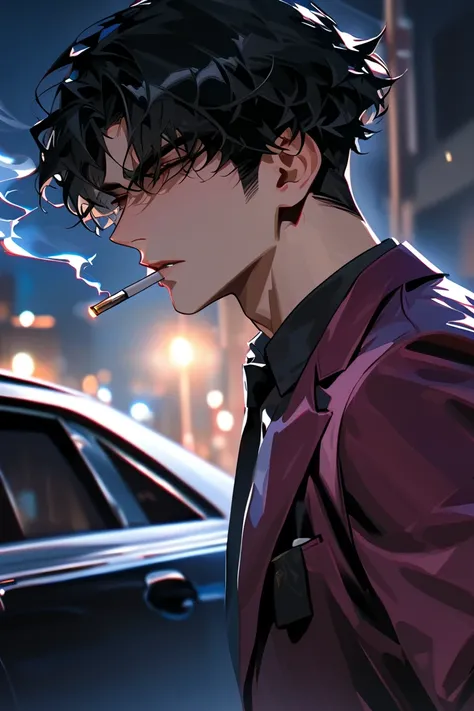 impasto, cool manga style, high quality, extremely detailed, extremely delicate line, amazing color, masterpiece, 1 man, tall, mascular, handsome, black hair, loose perm haircut, sharp eyes, handsome, wear burgundy suit, black tie, standing in the night st...