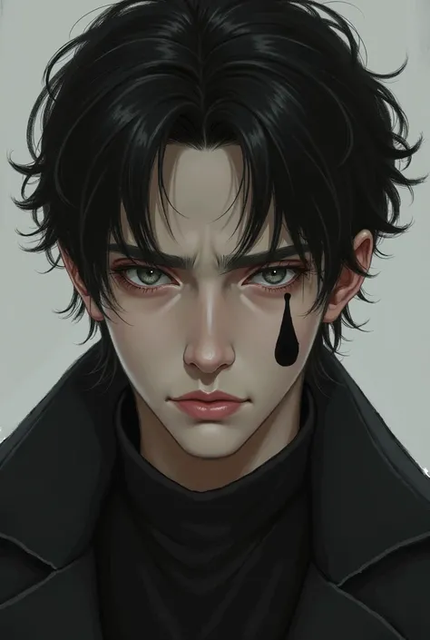  black hair,  dark gray eyes, Draw a man with a black teardrop on the left cheek of his face, draw a prettier one