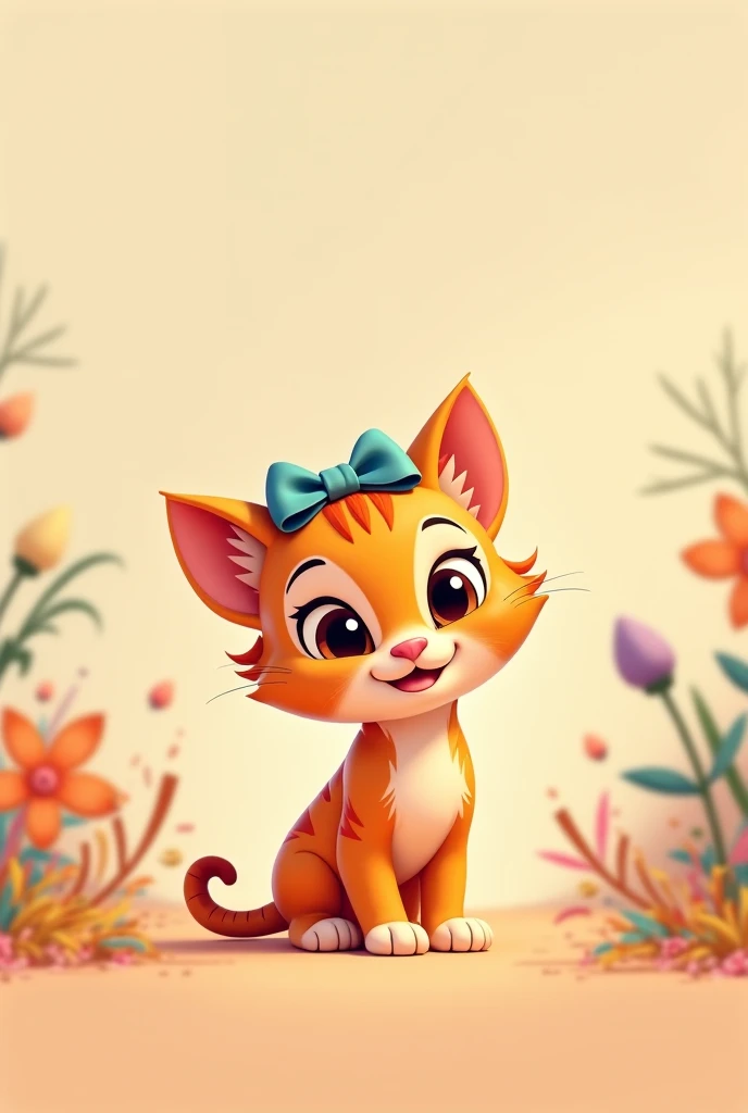 Create a Disney Pixar cartoon-style image of a smiling kitten with a bow on its head