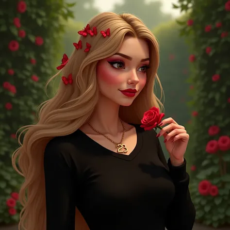 Femme élégante de 30 ans, blonde aux cheveux longs et yeux marrons, portant un pull noir et un maquillage de soirée. Ses cheveux sont décorés de nombreux papillons rouges. Elle tient une rose rouge dans ses mains et la regarde. Elle se trouve au milieu d’u...