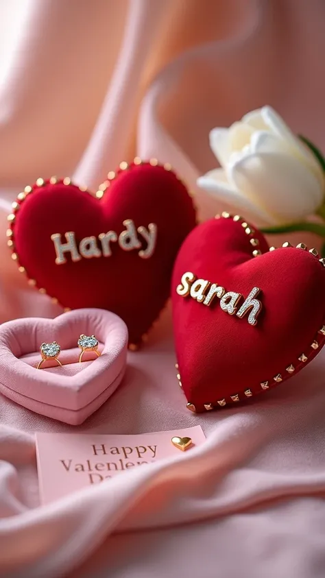   Image of two delicate red heart-shaped cushions  ,   each pillow has text   "Hardy" "sarah",   using gold costume letters  ,   next to them is a pink heart-shaped box  ,   inside are two luxurious white gemstone rings ,   next to which is a white tulip w...