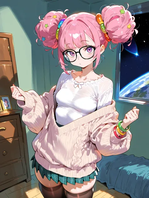 (messy living room: 0.6), 1girl, \(solo, Space Buns hairstyle, pink hair, glasses, White blouse with loose sweater, Pleated skirt, Dark stockings, Bracelets, small breasts