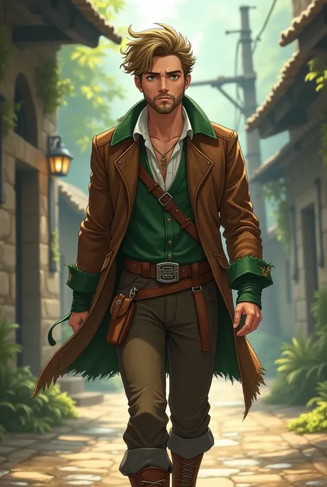 [[ masterpiece,  Better quality]] 8K, HDR-10,  ultra detailed,  professional light ,  movie lighting, man, , tall 170cm ,  green eyes, short wavy light brown hair,  in good physical shape , 4 day beard,  pants dressed in a brown leather jacket with green e...