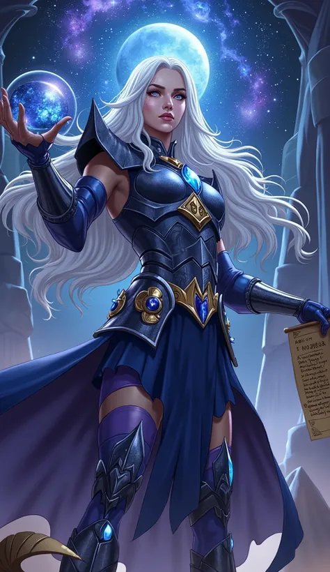  A majestic and enigmatic goddess , Phoebe ,  the Titan of wisdom and prophecy ,  emerges imposingly under a starry sky .  Her long silver hair flows like liquid light ,  reflecting the brightness of the moon .  His eyes twinkle with a mystical glow ,  as ...