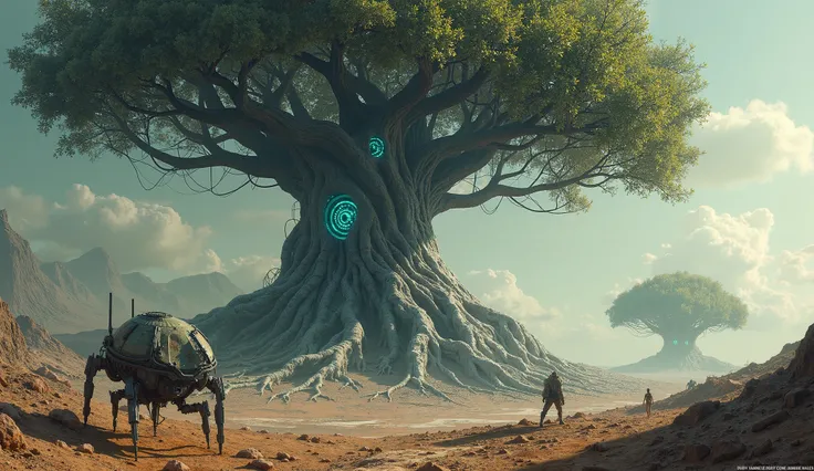  Giant trees with metal roots and crystal blades rise on a desolate planet.  Their trunks are full of pulsating circuits , as if they were part of a living mind .  Six-legged mechanical creatures roam the landscape ,  collecting fragments of liquid light 