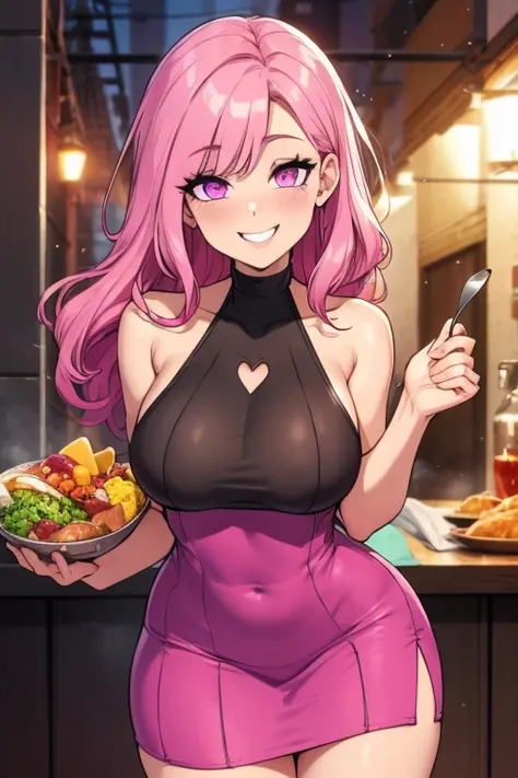 Perfect face. Perfect hands. A pink haired woman with violet eyes and an hourglass figure in a pink heart dress is bringing out dinner with a big smile