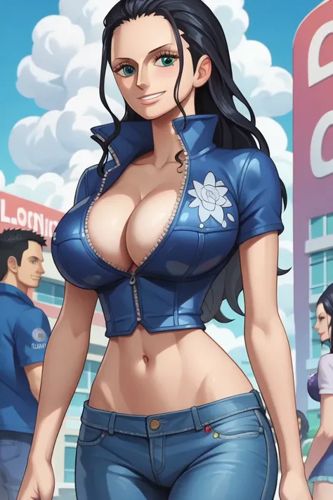 score_9, score_8_up, score_7_up, source_anime, anime screencap, Nico Robin, black hair, long hair, large booty, blue jacket, jeans, navel, short sleeves, cleavage, smile, from behind, ((big breast focus)), latex, (london, british)