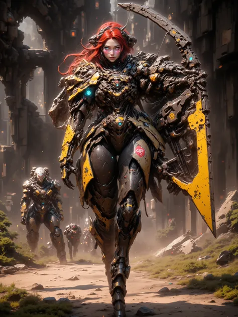 Female Elf, Long Flowing Fiery Red Hair with Blunt Bangs, Long Elven Ears, Glowing Blue and white Cybernetic Eyes, Tanned Skin, Large Breasts, Wide Hips, Thick Thighs, Long Legs, Wearing Form Fitting Advanced Golden Leaf Advanced Cybernetic Armor, Holding ...