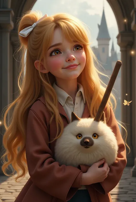 , a  wearing a Huffell Puff, white, brown,  , Hogward, smiling face, hugging,Holding a wand ,  with Hogward Castle background , 1 girl,  High Definition,  long hair,  Golden-haired,  brown eyes,pigtail,  looking up, White hair bow , movie lighting ,There w...