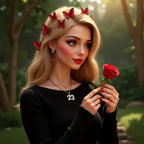 Femme élégante de 30 ans, blonde aux cheveux longs et yeux marrons, portant un pull noir et un maquillage de soirée. Ses cheveux sont décorés de nombreux papillons rouges. Elle tient une rose rouge dans ses mains et la regarde. Elle se trouve au milieu d’u...