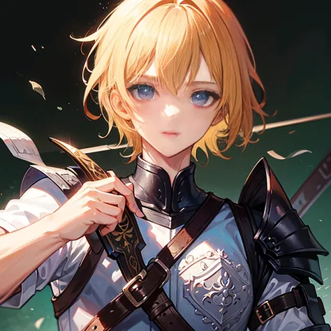 masterpiece, highest quality, solo , blonde hair, short hair, male (perfect face:1.1), (high detail:1.1), wearing black armour with a bluish colour sword on one of his hand with harden expression on his face 