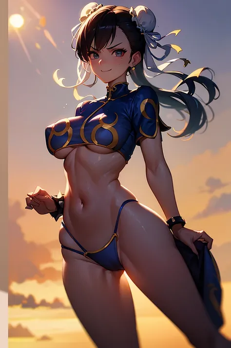 semi nua,roupa azul,solo, low lighting, chun li masterpiece, best quality, agrias, grey sweater, black leotard, standing, looking at viewer, black hair,angry,smile,sunset,lago, reflexo na agua, por do sol
