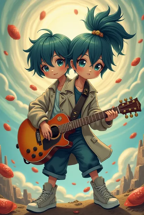 Anime character with 2 heads carrying a guitar
