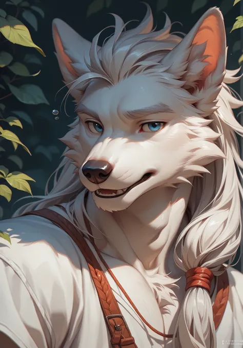 Solo male anthro white wolf blue eyes long tied white hair (face focus) (sleepy look) anime style 