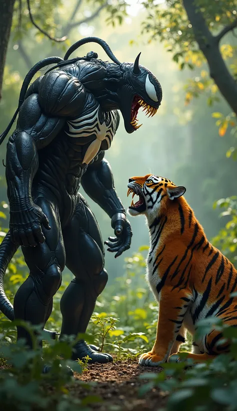 Create an ultra-realistic image of Venom, the symbiote anti-hero, standing face-to-face with a fierce tiger in a dense jungle. Venom’s large, glossy black form towers over the tiger, with its sharp fangs bared and white eyes glowing menacingly. The symbiot...