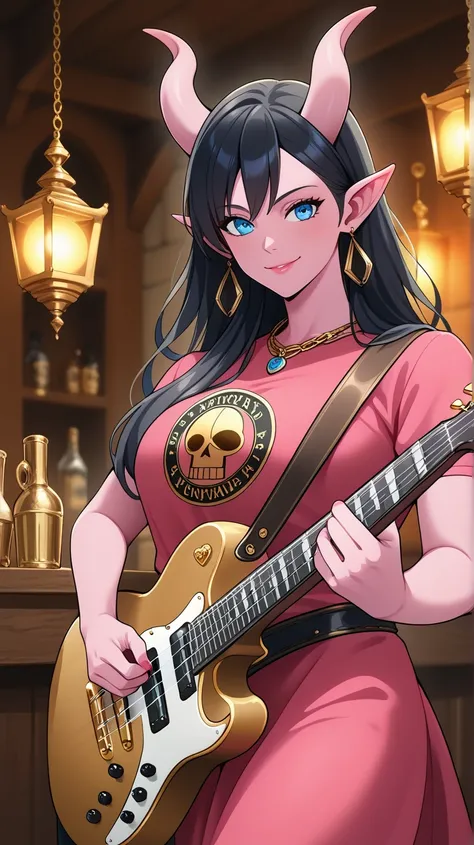 Female Bard rockstar Tiefling with pink skin,cool Tiefling horns with golden streaks, wearing a skimpy medieval leather outfit,character of D&D, black hair,Ojos azules, Sonrisa, playing_instrument, electric_guitar, perfect eyes, pink skin,adult actress,bac...