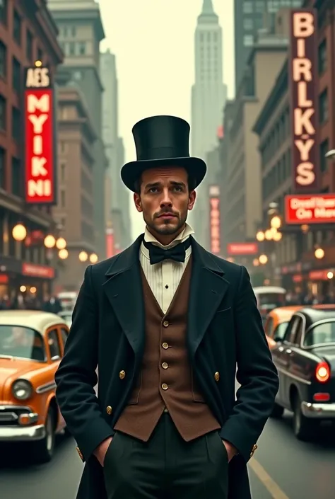 Confused 19th century man on a street in New York in 1950