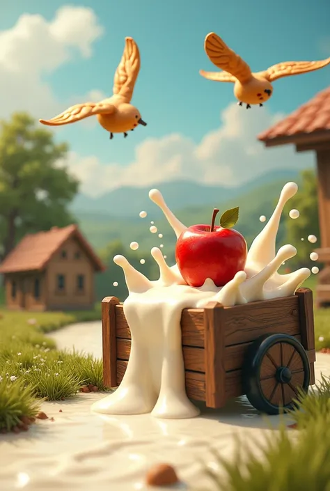 apple jumps into the cart,  milk flows like a river of porridge, and bread flies like a bird 