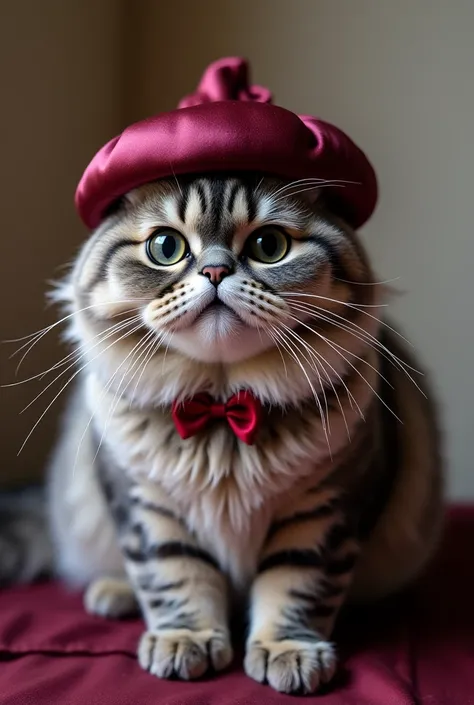 Real Scottish cat wearing a satin hat 
