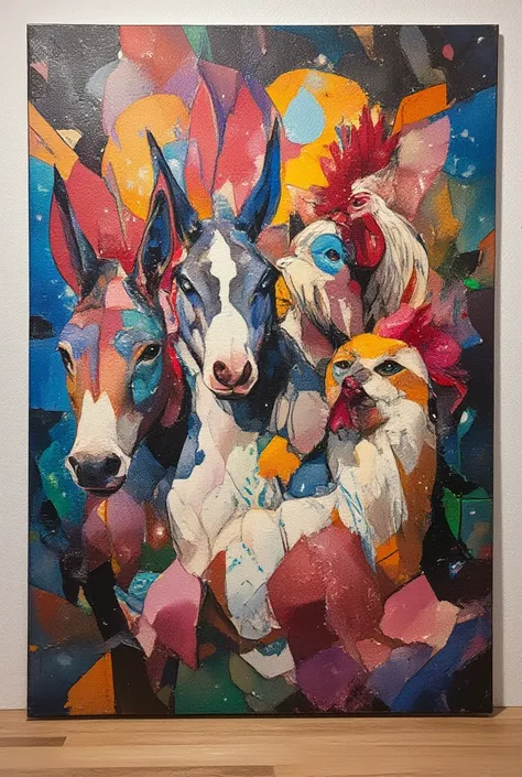 ultra detailed, absolutely resolution, masterpiece. 
Cubist style painting, Bremen Town Musicians. 
fusion of pop art and psychedelic art, fusion of watercolor, acrylic and collage, conceptual installation art