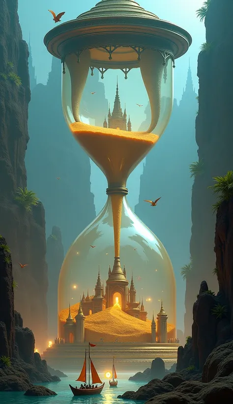 A city built inside a gigantic hourglass, with rivers of glowing sand flowing upward and downward simultaneously. Tiny flying ships dart through the air, carrying luminous cargo. In the center of the hourglass stands a mysterious tower that changes shape a...