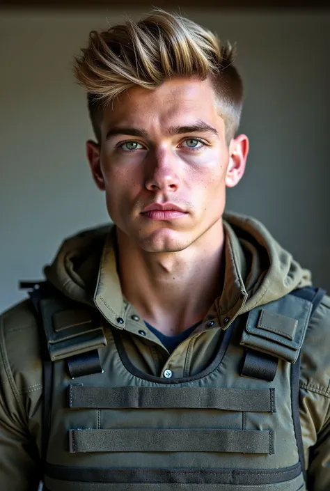 Portrait of a handsome young man in his early 20s, dark blonde hair, undercut, quiff, dark green eyes, gritty appearance, muscular, athletic, serious expression, wearing a grey army jacket, kevlar vest. 