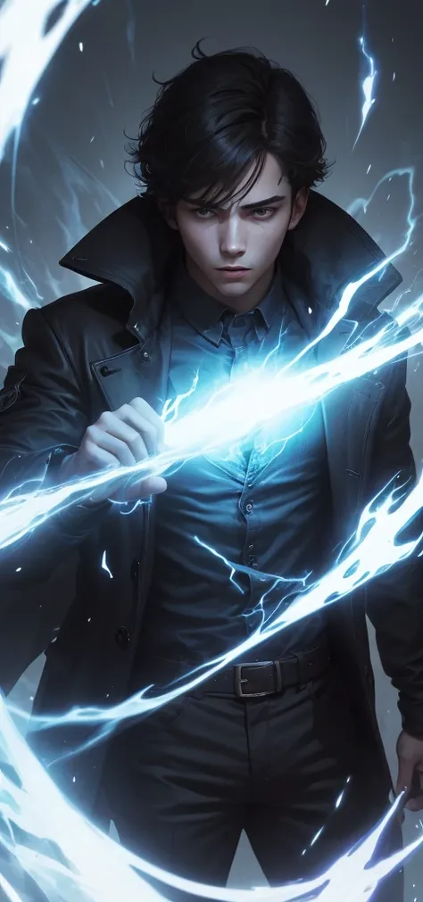 Create A young man stands confidently in a dark, ethereal environment, shrouded in a glowing blue aura. His eyes are obscured by dark hair, and he wears a black coat over a light-colored shirt. The background features swirling blue and white wisps of energ...