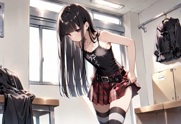 ((masterpiece, best quality, ultra detailed, high resolution, beautiful detailed face, beautiful detailed eyes, perfect hands)), (1 girl, solo), (black very long hair, straight hair, blunt bangs), (goth punk, camisole, red checked skirt with belt, black an...