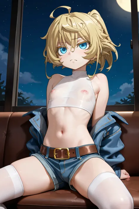 NSFW, Masterpiece, top quality, Hi-Res, very detailed, Tanya DeGrechaff, short hair、 blue eyes、 blond hair、 、 side lock、stupid hair、 ponytail、ショート ponytail, denim jacket, crop top shirt , shorts ,belt, knee-high socks, night entertainment district