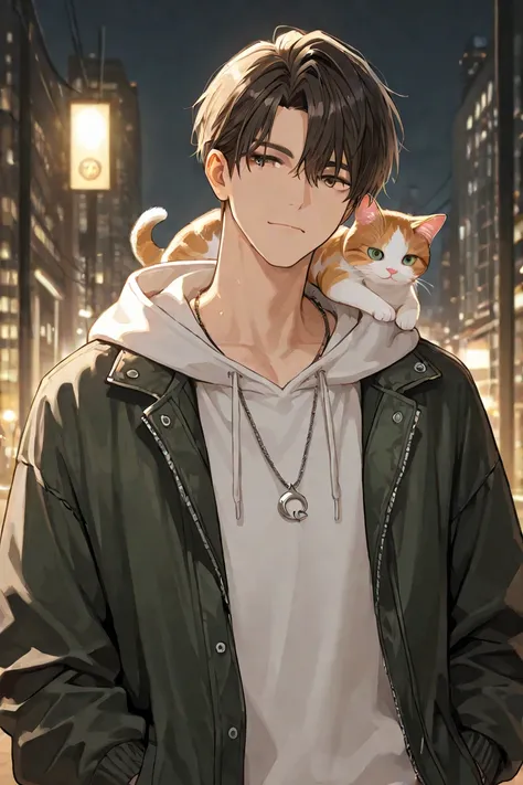 Handsome boy with cat ear and wear necklace and hoodie and spectacle 