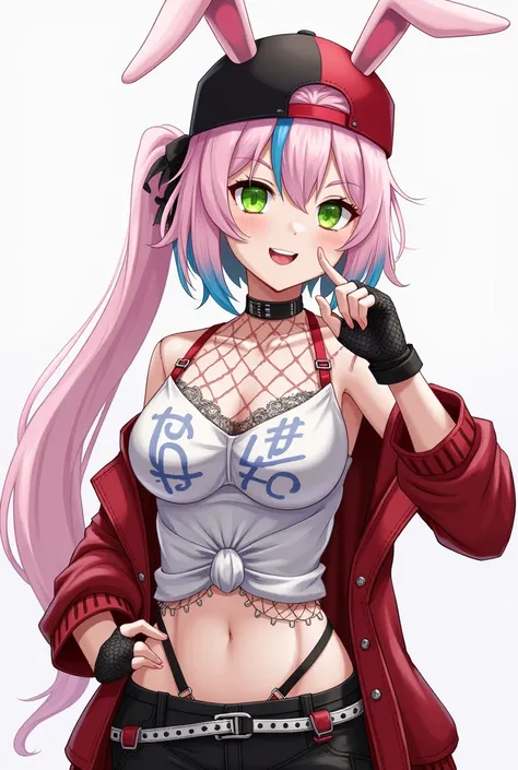 Fantasy, adult woman, mature, pink animal ears, pink rabbit ears, pink hair, multicolored hair, blue side burns, short hair, long hair, messy bob hair, long ponytail in the back, green eyes, smile, teeth, red and black cap, black choker, fishnet top, knott...