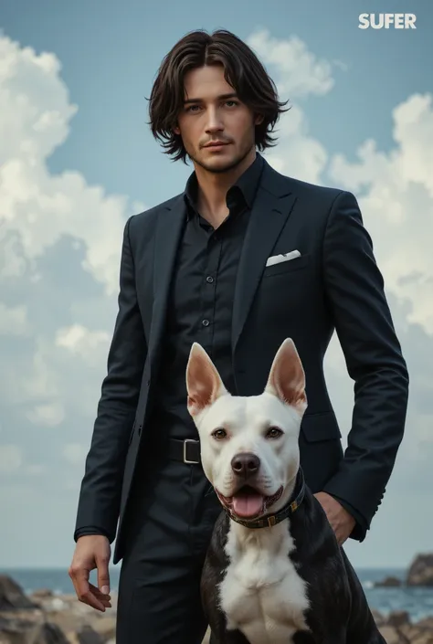 Un homme dans avec un costard noir et des cheveux mi-longs noirs(aux oreilles)dans un style surf, avec un chien de race bull terrier à côté de lui. Dans un style semi-réaliste