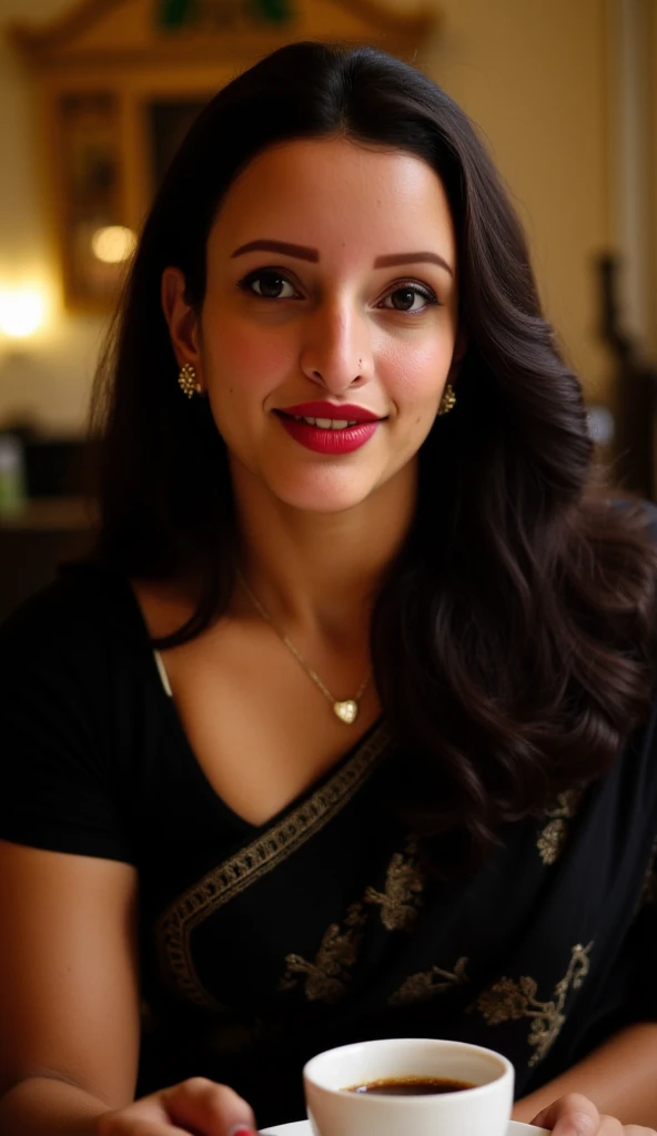 A close-up shot of a woman with long dark black hair Wearing, a black saree with blouse, she is wearing a minimal hold necklace with a cute heart pendant on it, sitting in a nicely warm and cozy lit cafe. Her eyes are wide open and her lips are glossy red....