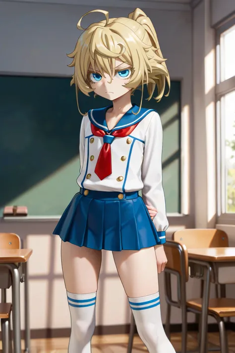 NSFW, Masterpiece, top quality, Hi-Res, very detailed, Tanya DeGrechaff, short hair、 blue eyes、 blond hair、 、 side lock、stupid hair、 ponytail、ショート ponytail, school uniform, sailor suit, miniskirt, knee-high socks,School,classroom