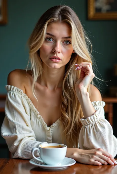 femme arafée assise à une table avec une tasse de café, portrait du café du matin, belle fille blonde, corps et visage beaux et détaillés, fille attirante, Belle femme nordique,  magnifique visage attrayant , visage attrayant et beau,  cheveux blonds boucl...