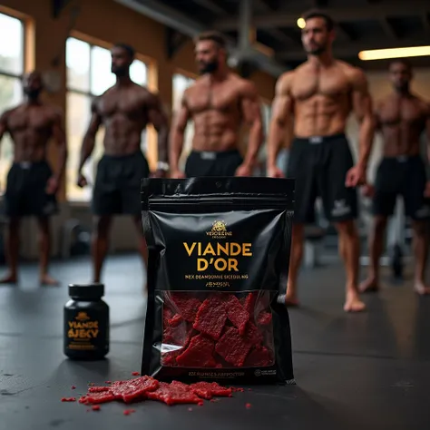 A luxurious black package of beef jerky meat, with the brand name « VIANDE D’OR », placed on the ground in a luxurious fitness gym hall, with 5 male black fitness influencers aggressively working out, 1 of them bench pressing. On the floor, beside the pack...