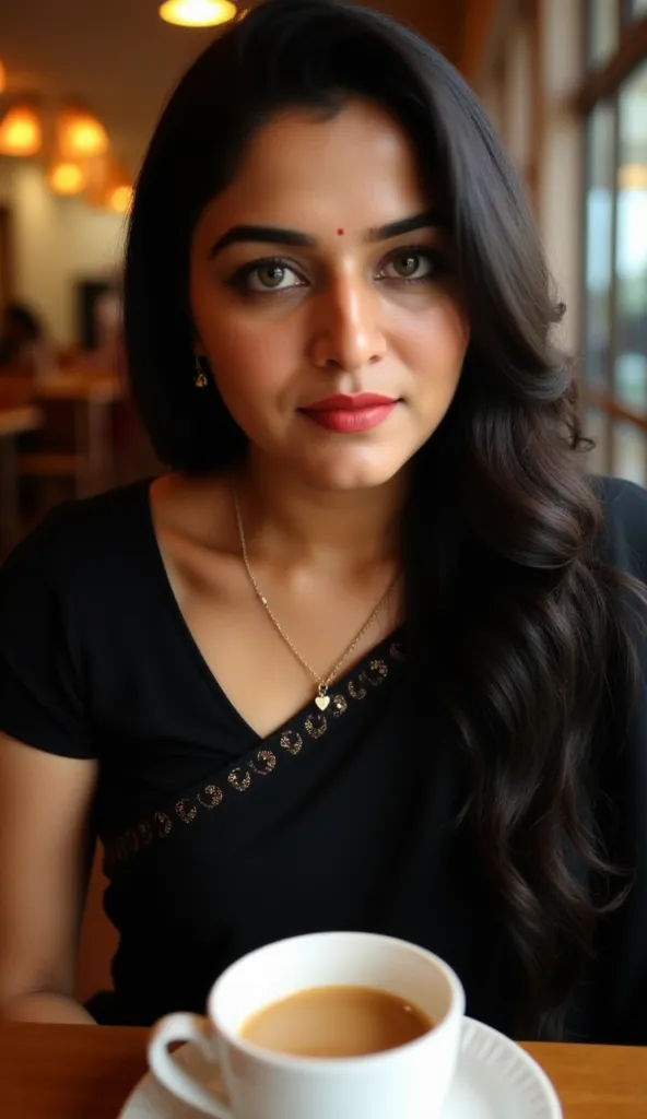 A close-up shot of a woman with long dark black hair Wearing, a black saree with blouse, she is wearing a minimal hold necklace with a cute heart pendant on it, sitting in a nicely warm and cozy lit cafe. Her eyes are wide open and her lips are glossy red....