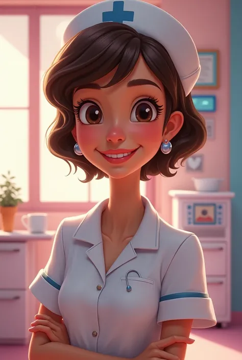 Disneylike image of light brown nurse with short hair and dark eyes