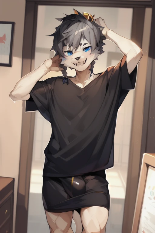 Alone, maleらしい, male (((Leopard,  blue eyes,  blue iris above m, black pupils,  muscular,  large pectoralis muscle,  abs,  black nipples, Grey body, Vector graphic outlining graffer , Gray Hair,  braided hair, Tail, teeth, Gold crown,  large bulge ,  red t...