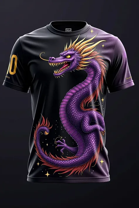 Make a t-shirt in the colors black , purple and gold , with a cute dragon on the side of the t-shirt with a number 10 on the back and a name above 10” an1heloisa”