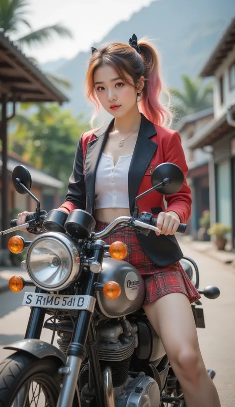 1 Girl,gal,(Gold, Pink Hair ,Two-tone hair), long hair,  side ponytail , black bow,school uniforms,Casual suits,(Checked skirt),(Casual suits, red, black),Ride confidently on a cool motorbike, 8K resolution on the front,  masterpiece,  top quality combat b...