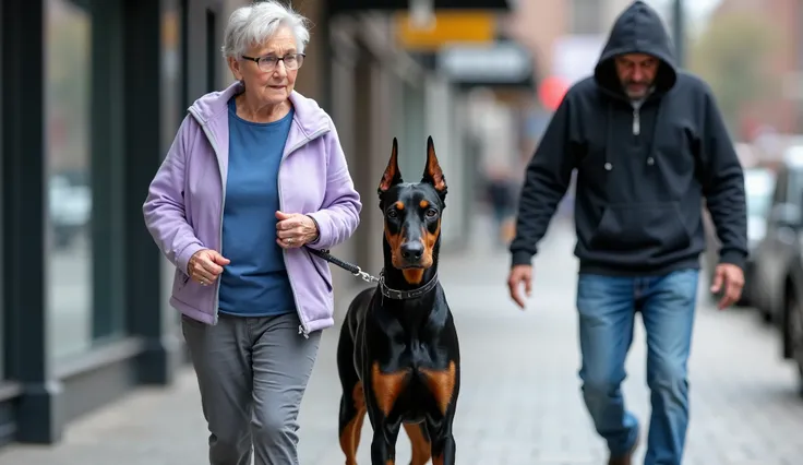  The image features a scene on a city sidewalk. An elderly woman, approximately in her early 70s, walks with a confident yet cautious demeanor, holding a leash attached to a Doberman dog. The woman has short, light gray hair, and she wears glasses. She is ...