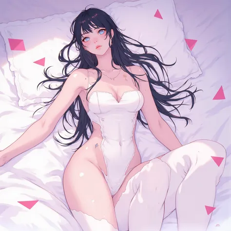 A teenage woman ,beatiful face,big chest , big hip, big thigh ,long black hair ,blue eye, dress,full-body view,sexy,Abstract,bed 6 ft, sleep on bed, Anime, 