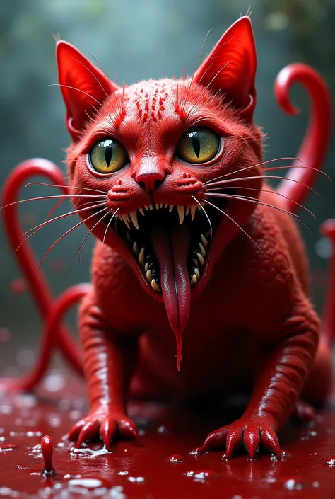  A monstrous cat covered in red slime emerges from the shadows . His eyes sparkle with insanity ,  and his mouth opens in a terrifying smile with sharp teeth .  Red tentacles flutter around him as he prepares to attack