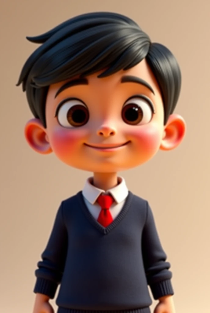 Pixar 3D character ,  a  boy in white tea ,  black hair , dark brown eyes.  He wears uniform with navy blue pullover and red tie.