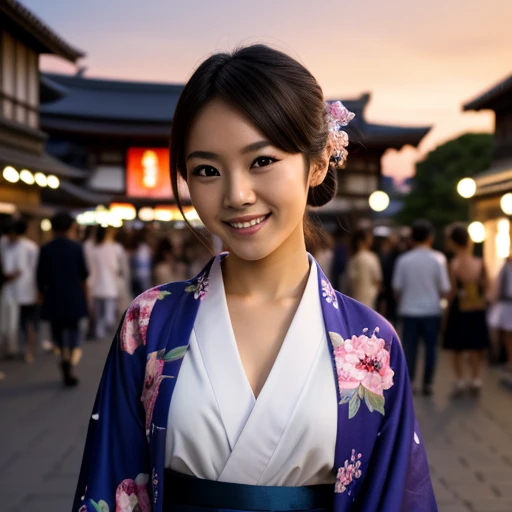 (((top quality, 8k, masterpiece))), crisp focus, (beautiful woman with perfect figure), slender, (hairstyle: up)), ((kimono: Kara)), street: 1.2 Highly detailed face and skin texture Detailed eyes Double eyelids random posture, (smile),super cute Japan per...