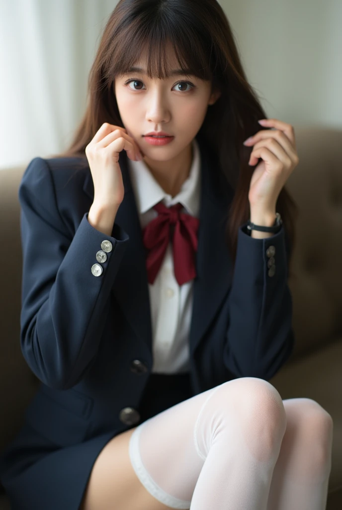  a picture of a cute Japanese actress wearing a school uniform shirt blazer, Cool expression ,  long straight brunette ，Sitting on the sofa,  touching her hair all over her body ,Look at the lens,  studio lighting ,  8,000. dramatic,  Professional Photogra...