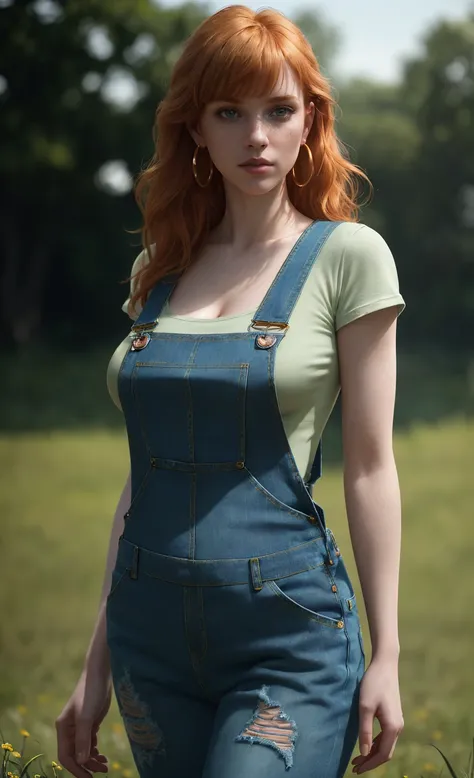 (masterpiece), (extremely intricate:1.3), (realistic), hoop earrings, pale skin, wavy ginger hair with bangs and a fringe, portrait of a girl, short and curvy body type, huge perfect breasts, the most beautiful in the world, (denim dungarees, green tshirt)...