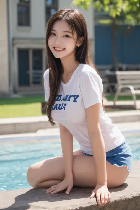    Girl 1 has   、 Best depth of field  ,    white t-shirt with bear print 、  navy blue shorts、  Big Breasts、 high school girl、   big breast,    sports、smile、  barefoot、  long hair、Long, sharp eyes、calisthenics