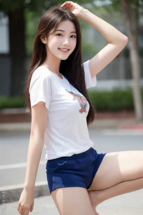    Girl 1 has   、 Best depth of field  ,    white t-shirt with bear print 、  navy blue shorts、  Big Breasts、 high school girl、   big breast,    sports、smile、  barefoot、  long hair、Long, sharp eyes、calisthenics